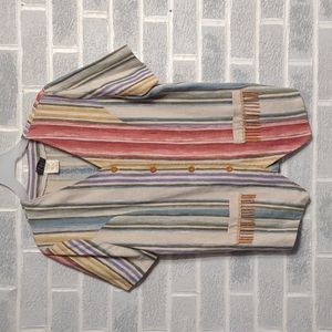 C.H.U Women's Linen Blend Colorful Striped V-Neck Button Down Western Top Medium